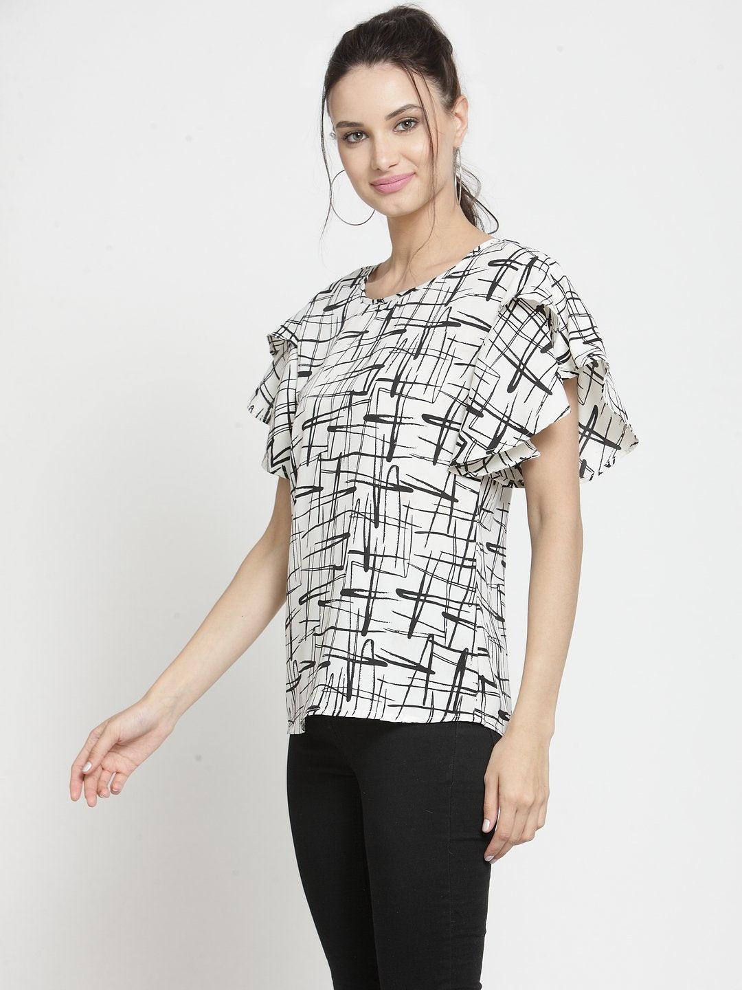 ZARVEY Casual Ruffled Sleeve Printed Women Multicolor Top