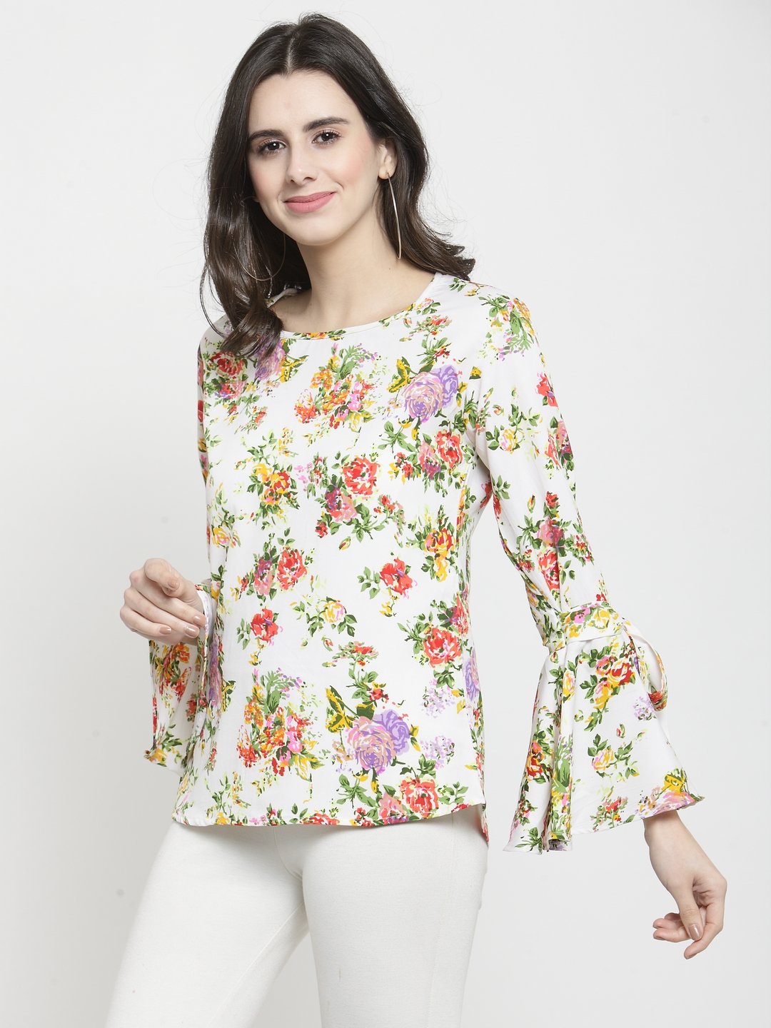 ZARVEY Casual Bell Sleeve Printed Women White Top