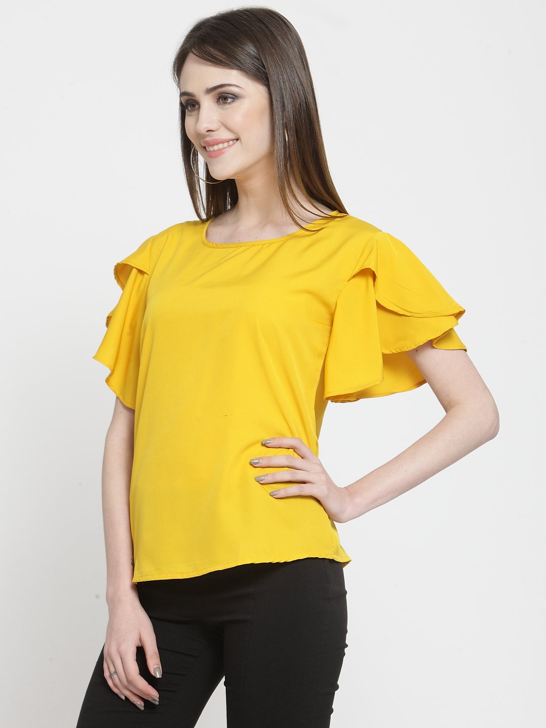 ZARVEY Casual Petal Sleeve Solid Women Yellow Top