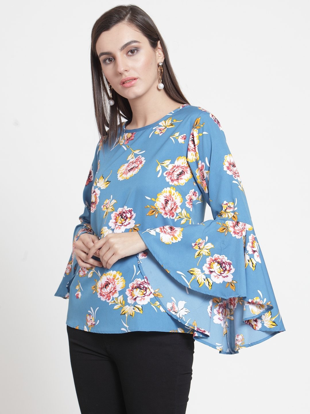 ZARVEY Casual Bell Sleeve Floral Print Women Multicolor Top