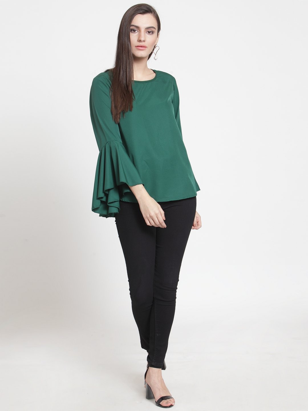 ZARVEY Casual Bell Sleeve Solid Women Dark Green Top