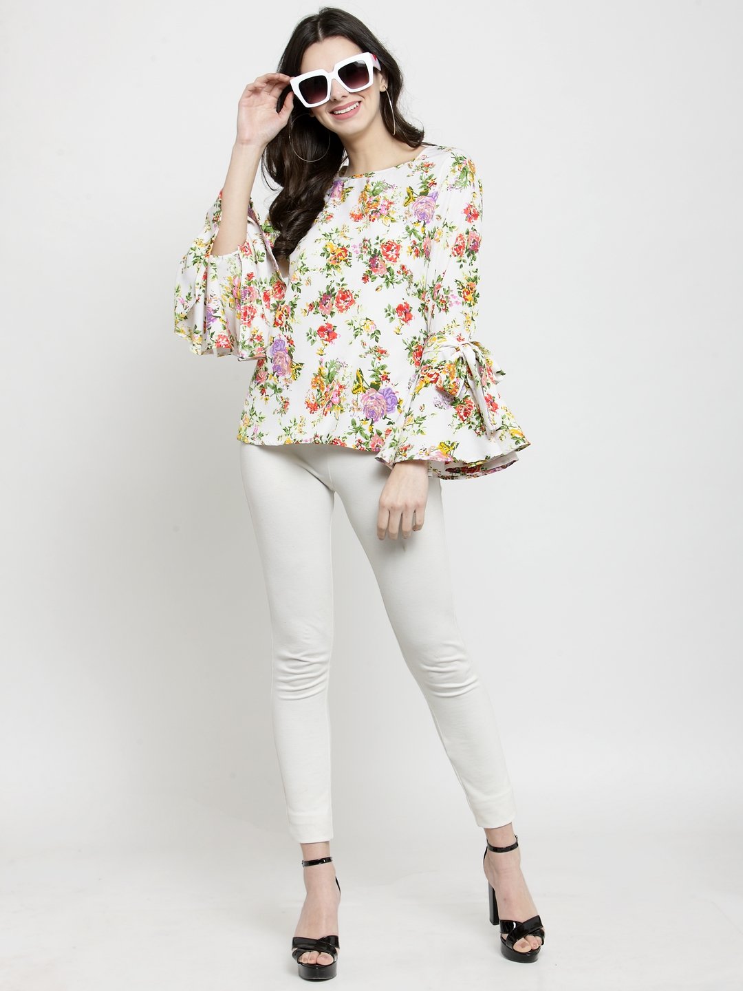 ZARVEY Casual Bell Sleeve Printed Women White Top