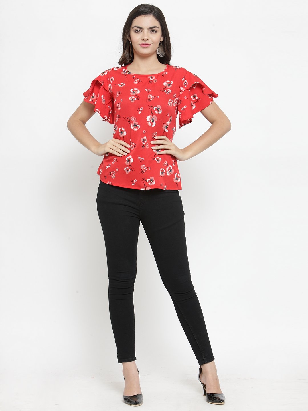 ZARVEY Casual Flared Sleeve Printed Women Red Top