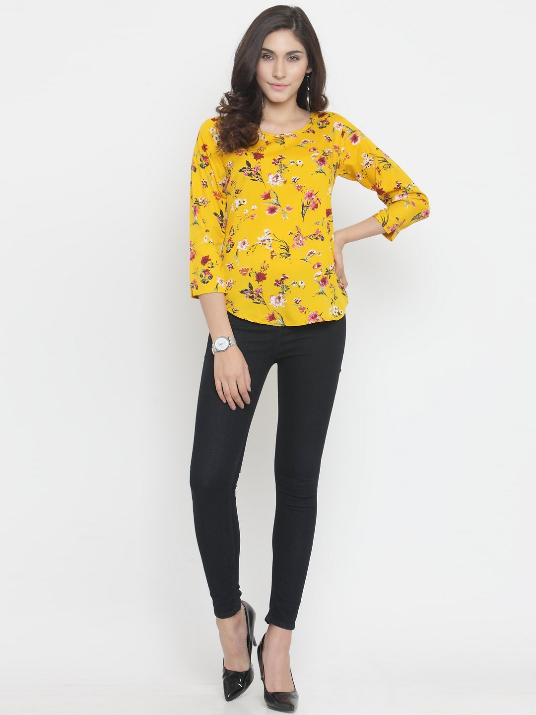 ZARVEY Casual 3/4 Sleeve Floral Print Women Multicolor Top