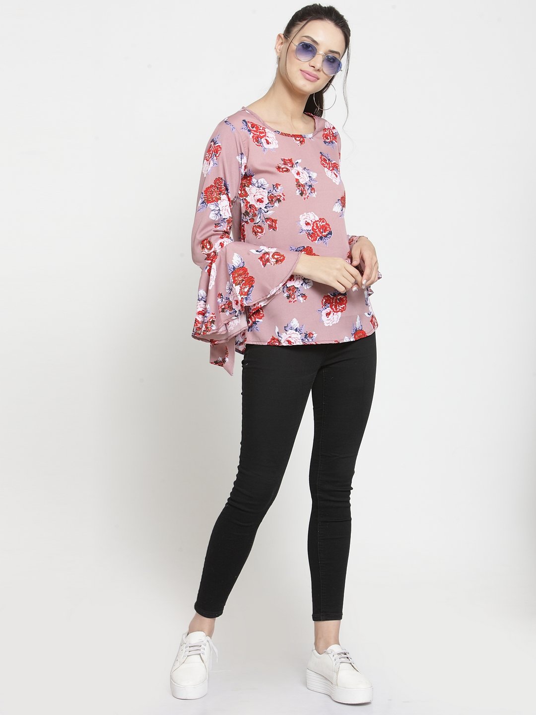 ZARVEY Casual Flute Sleeve Printed Women Multicolor Top