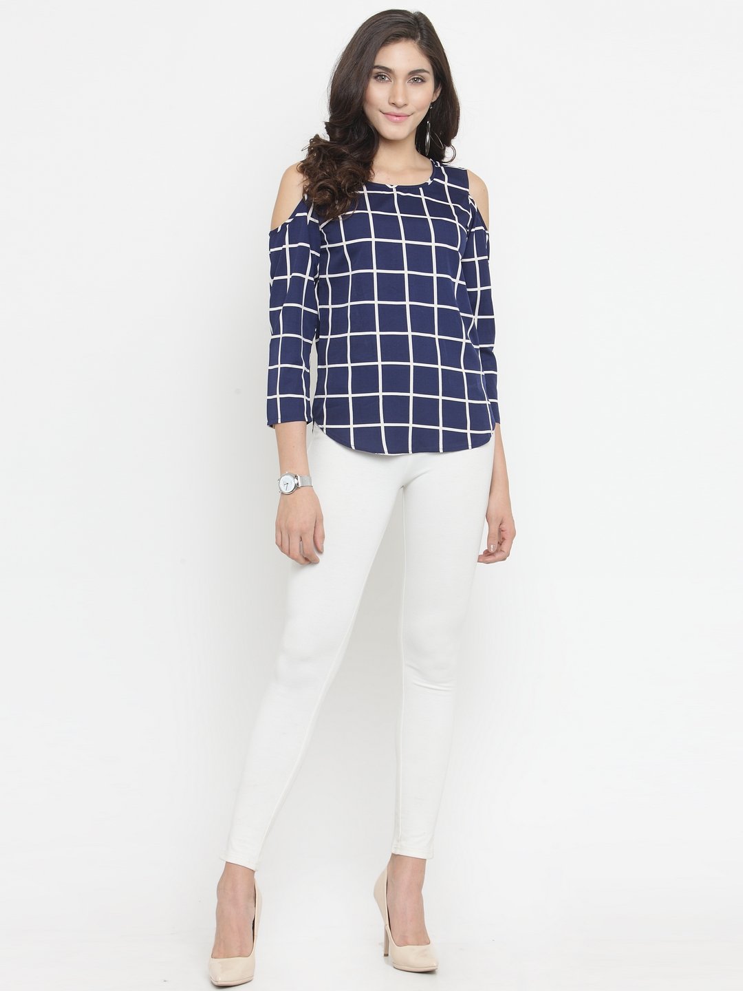 ZARVEY Casual 3/4 Sleeve Checkered Women Multicolor Top