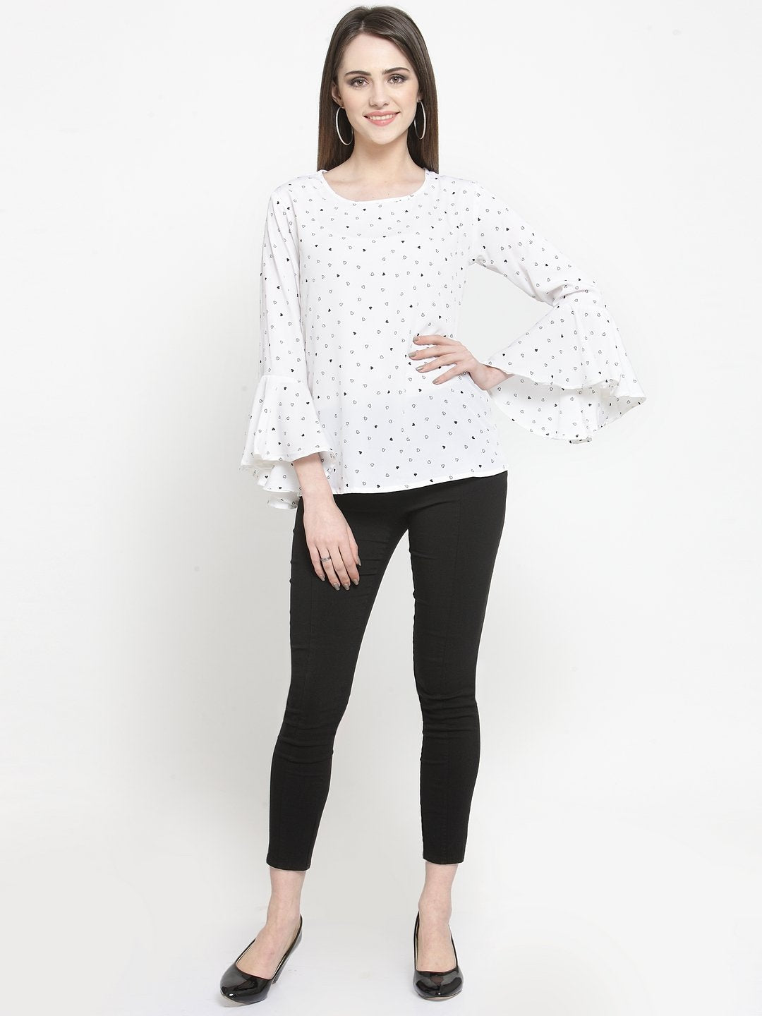 ZARVEY Casual Bell Sleeve Printed Women White Top