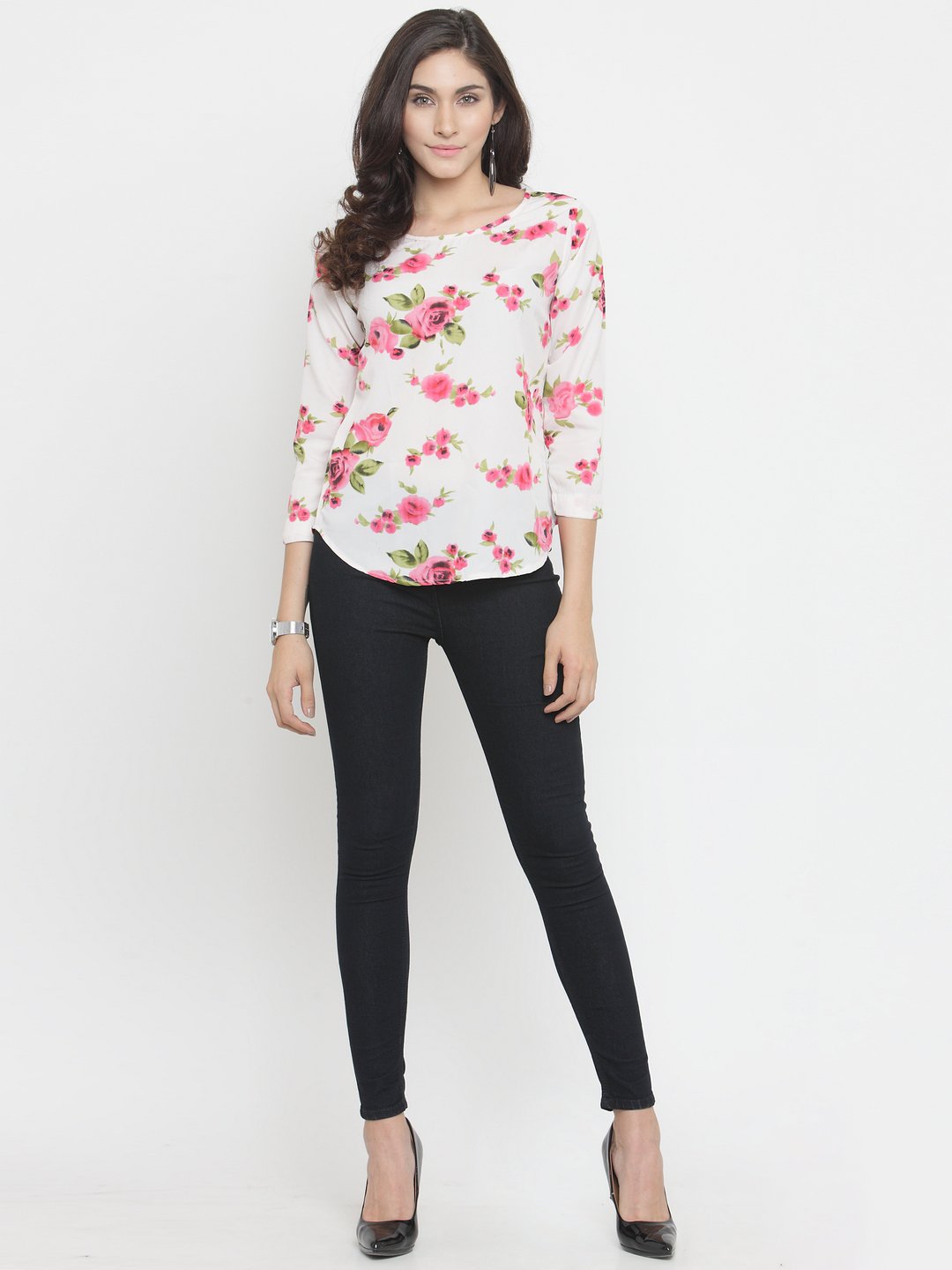 TANDUL Casual 3/4 Sleeve Floral Print Women Multicolor Top