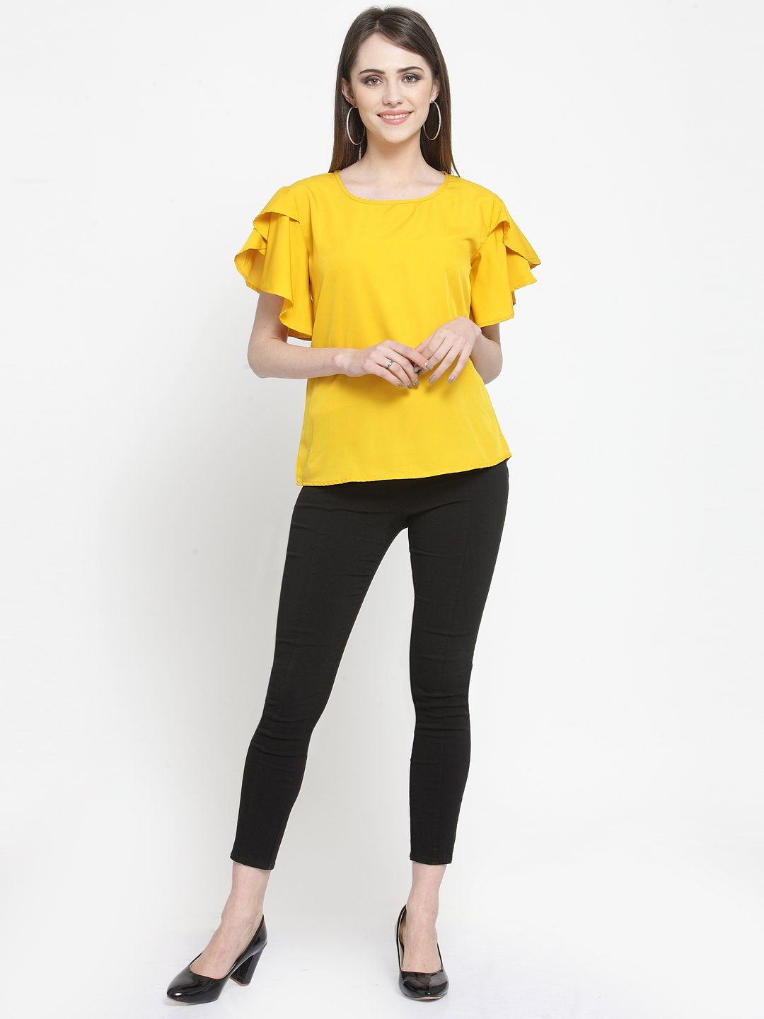 ZARVEY Casual Petal Sleeve Solid Women Yellow Top