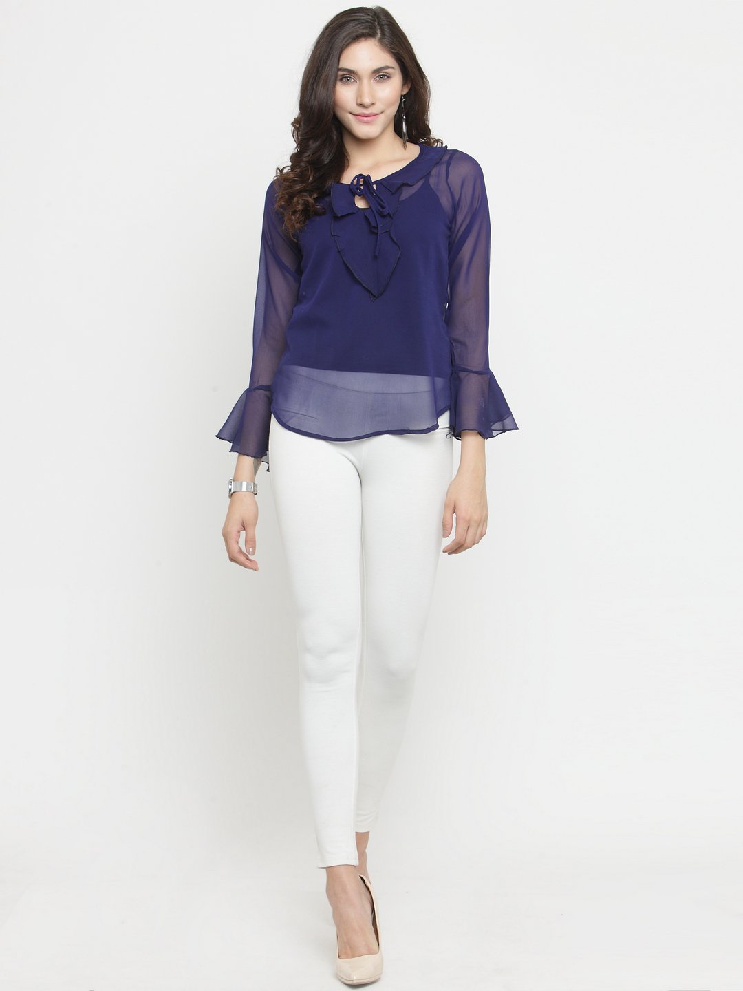 ZARVEY Casual Bell Sleeve Solid Women Blue Top