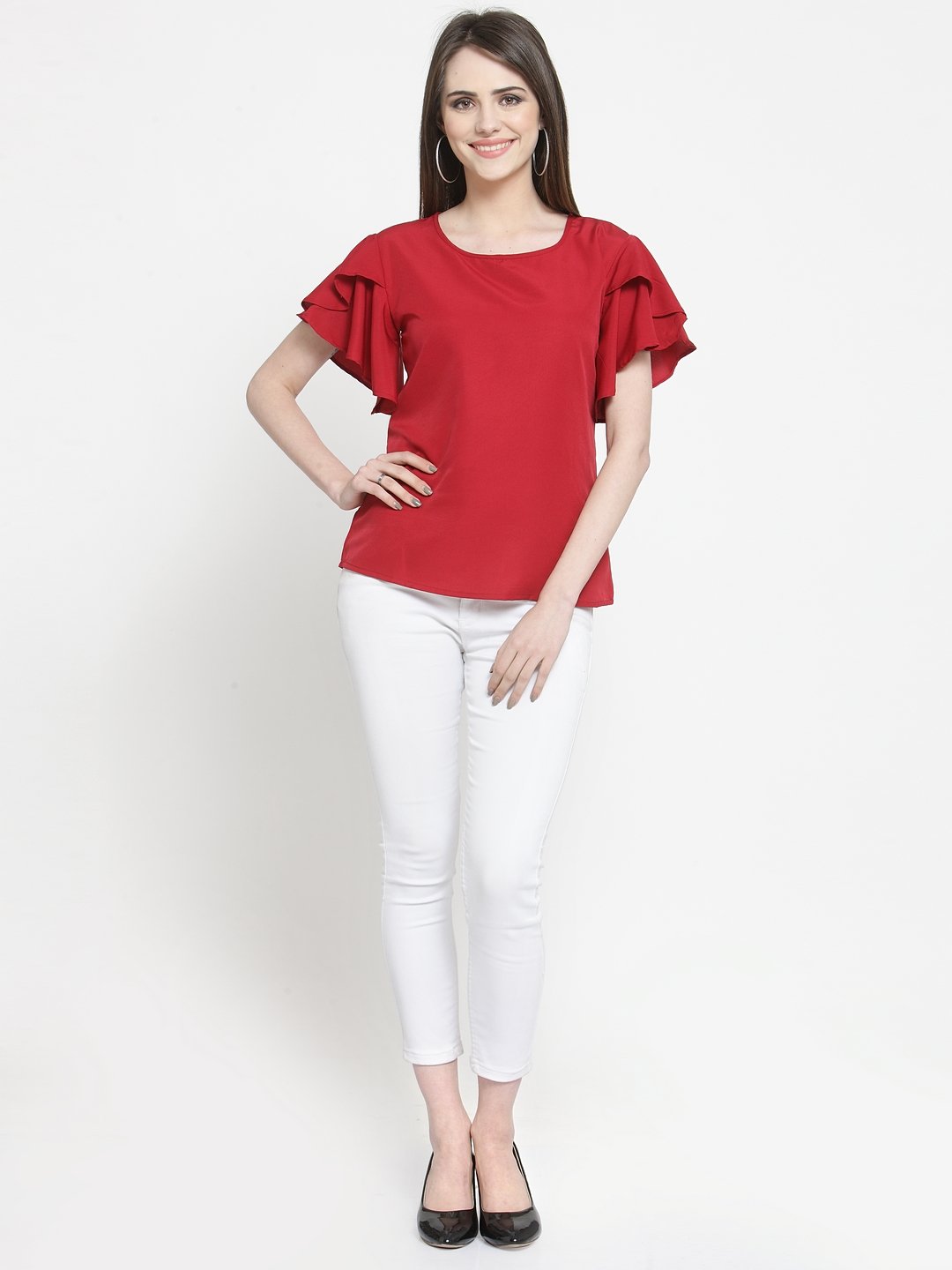 ZARVEY Casual Petal Sleeve Solid Women Maroon Top