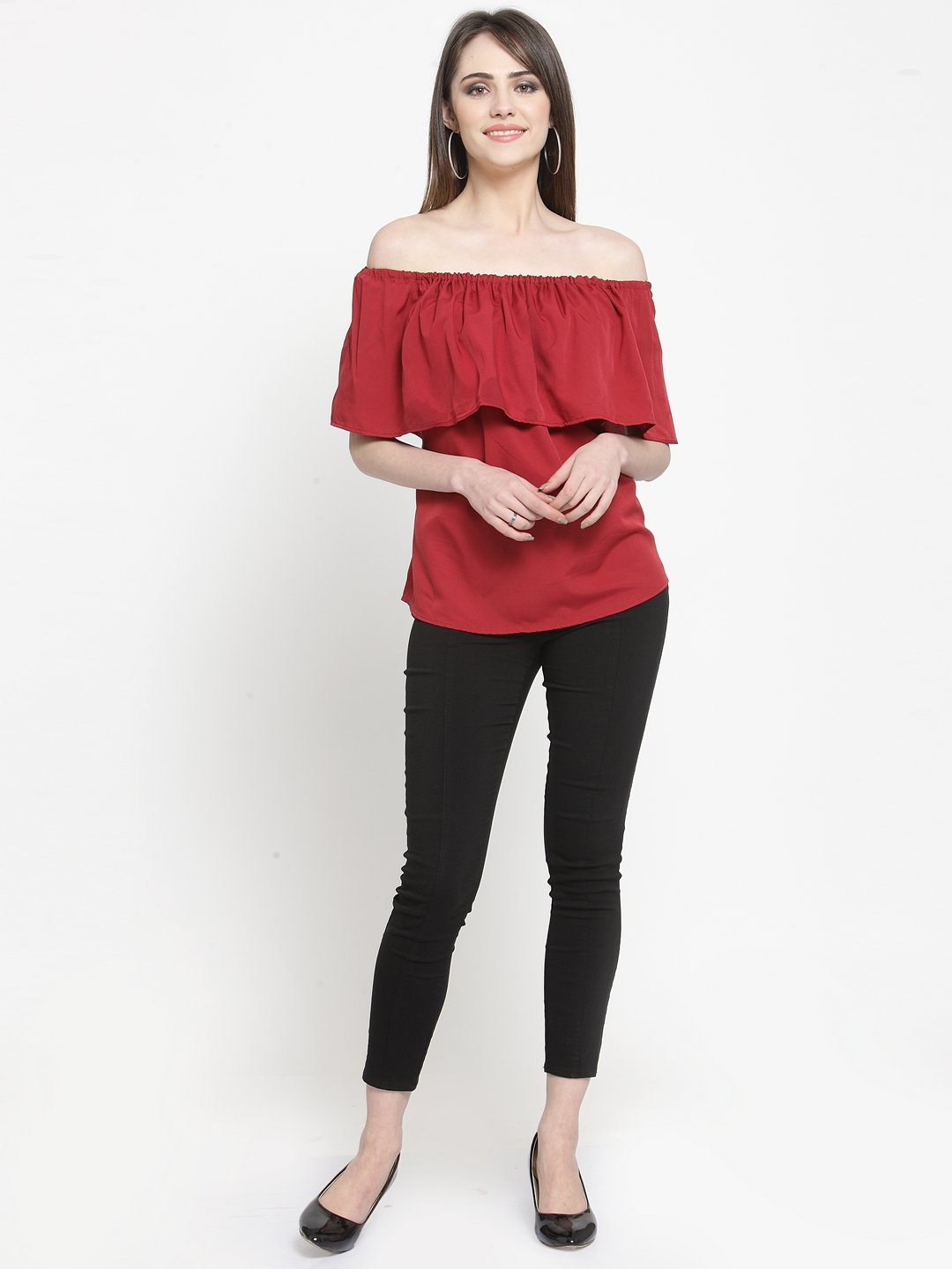 ZARVEY Casual Cape Sleeve Solid Women Maroon Top