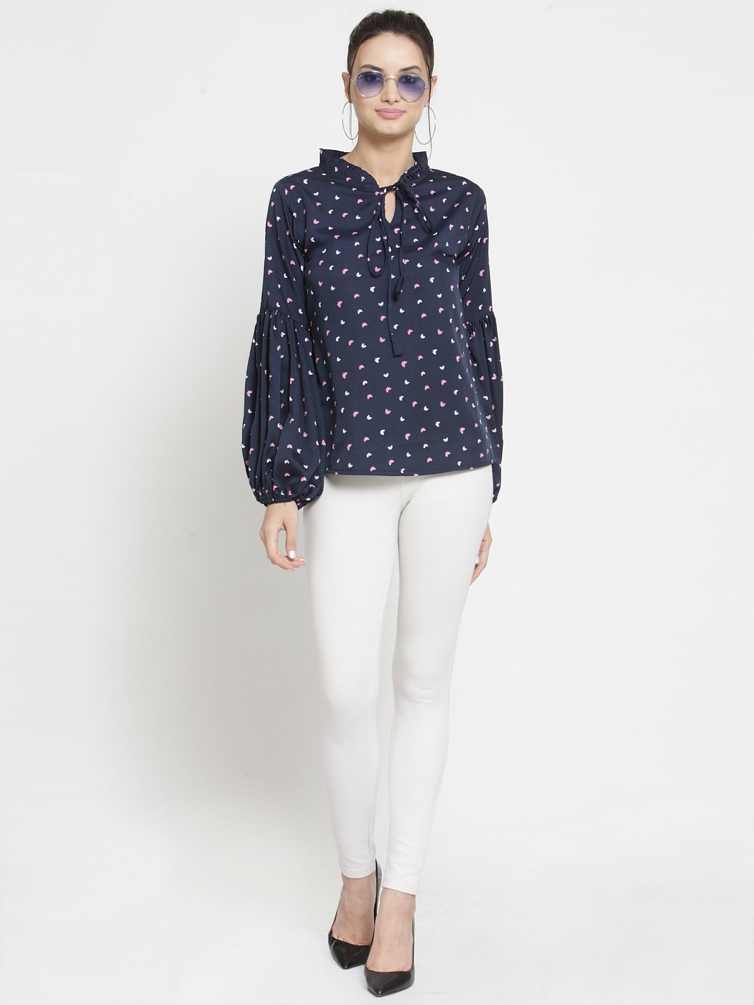 ZARVEY Casual Puff Sleeve Printed Women Blue Top