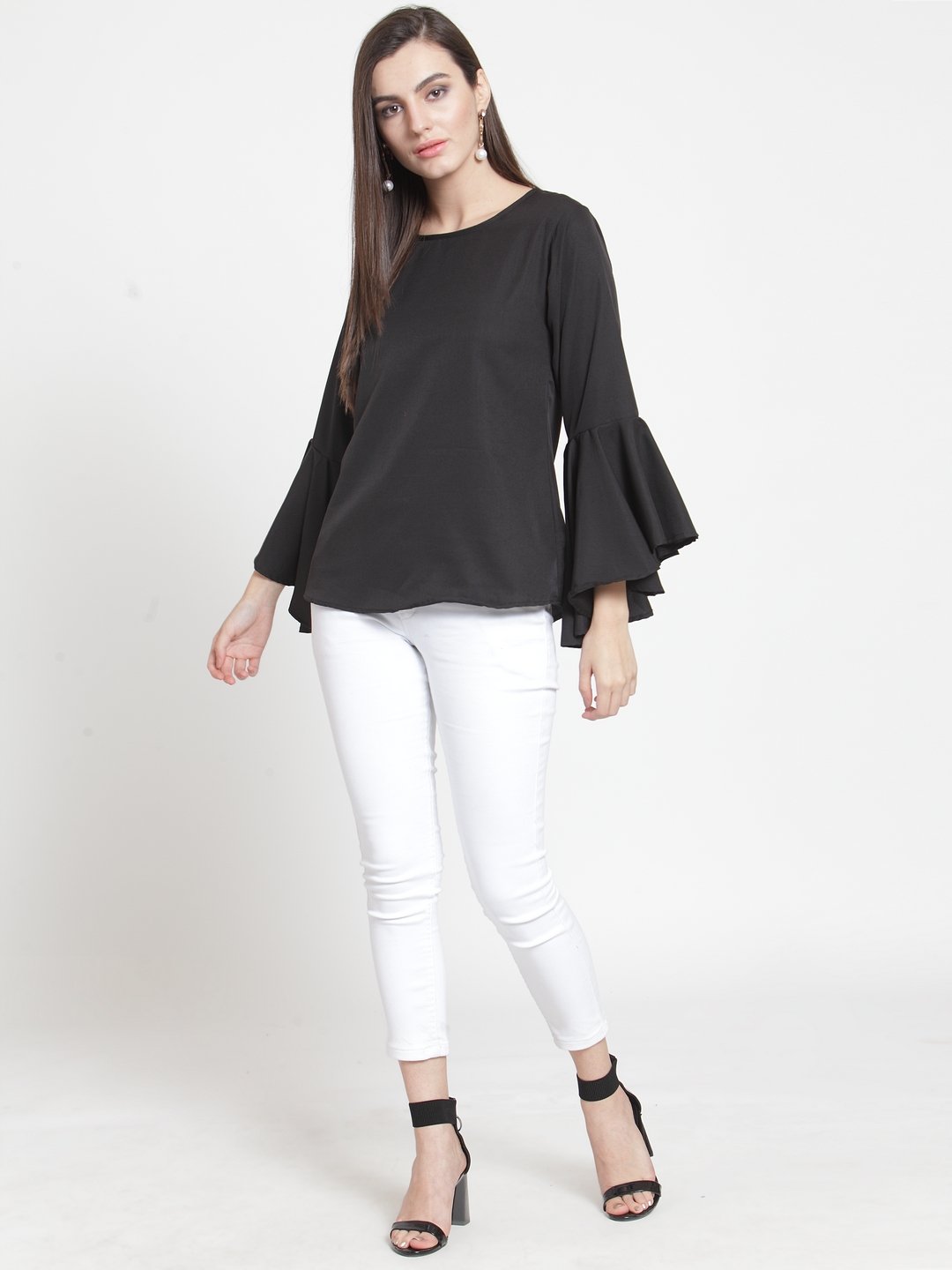 ZARVEY Casual Bell Sleeve Solid Women Black Top