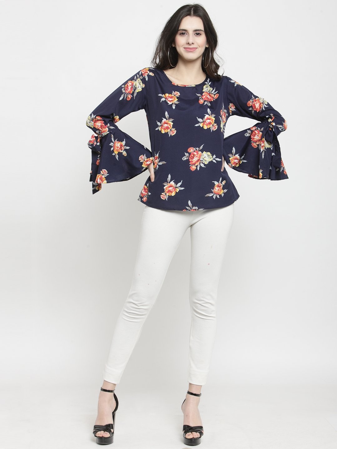 ZARVEY Casual Bell Sleeve Printed Women Dark Blue Top