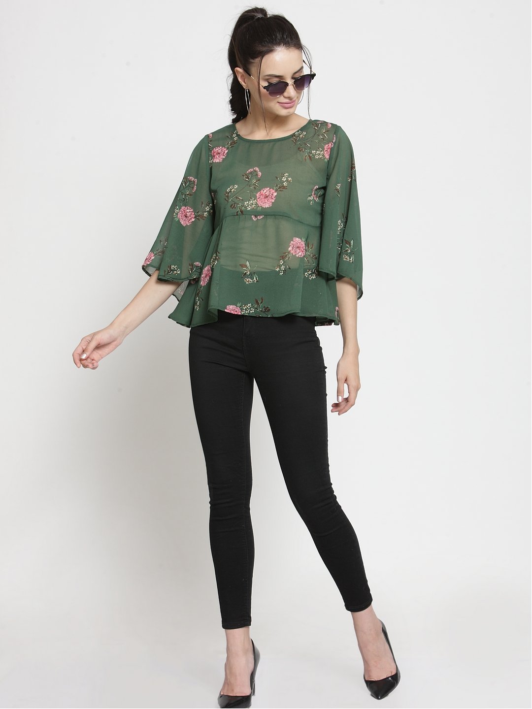 ZARVEY Casual Flared Sleeve Printed Women Dark Green, Pink Top