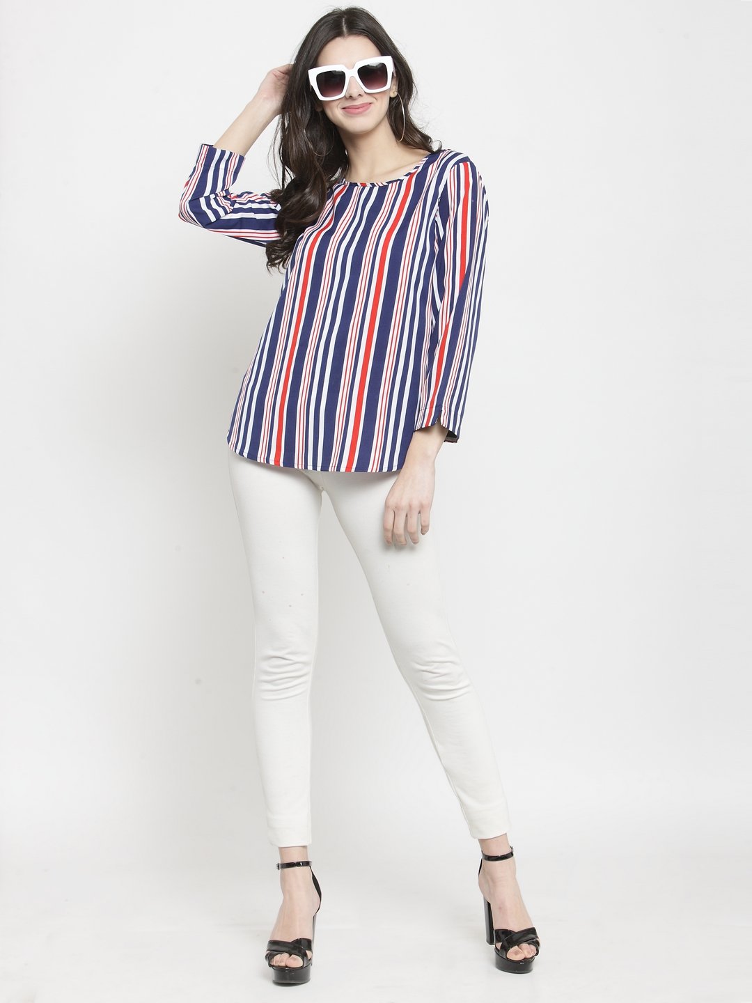 ZARVEY Casual Regular Sleeve Striped Women Red, White, Blue Top