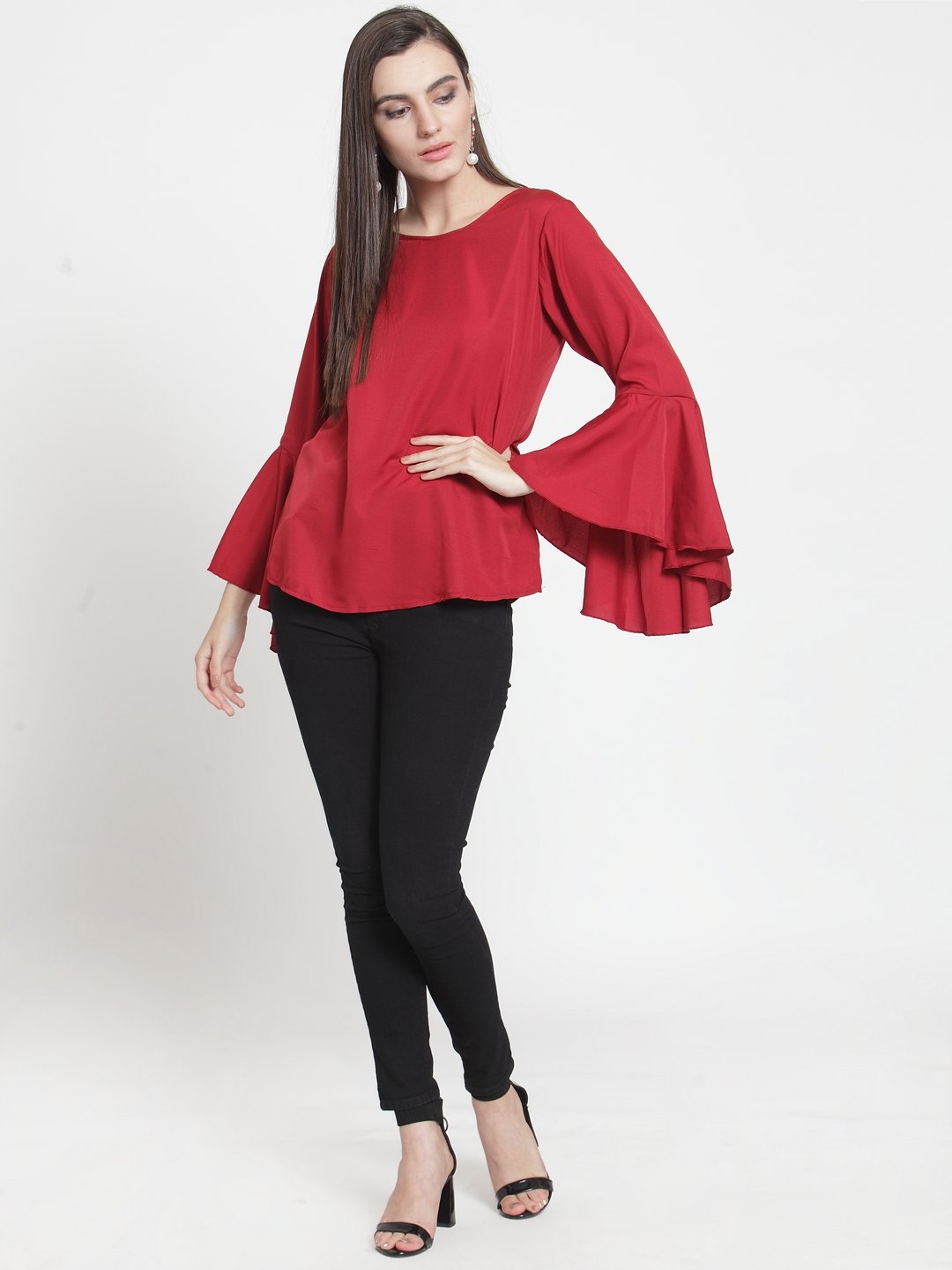 ZARVEY Casual Bell Sleeve Solid Women Maroon Top