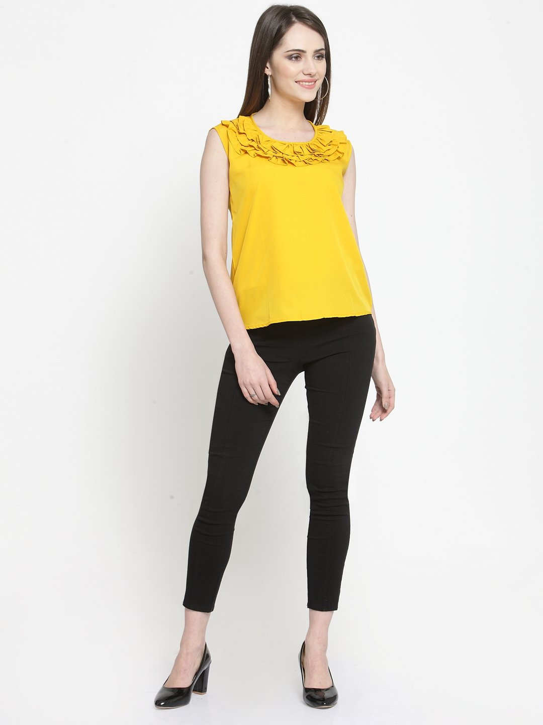 ZARVEY Casual No Sleeve Solid Women Yellow Top