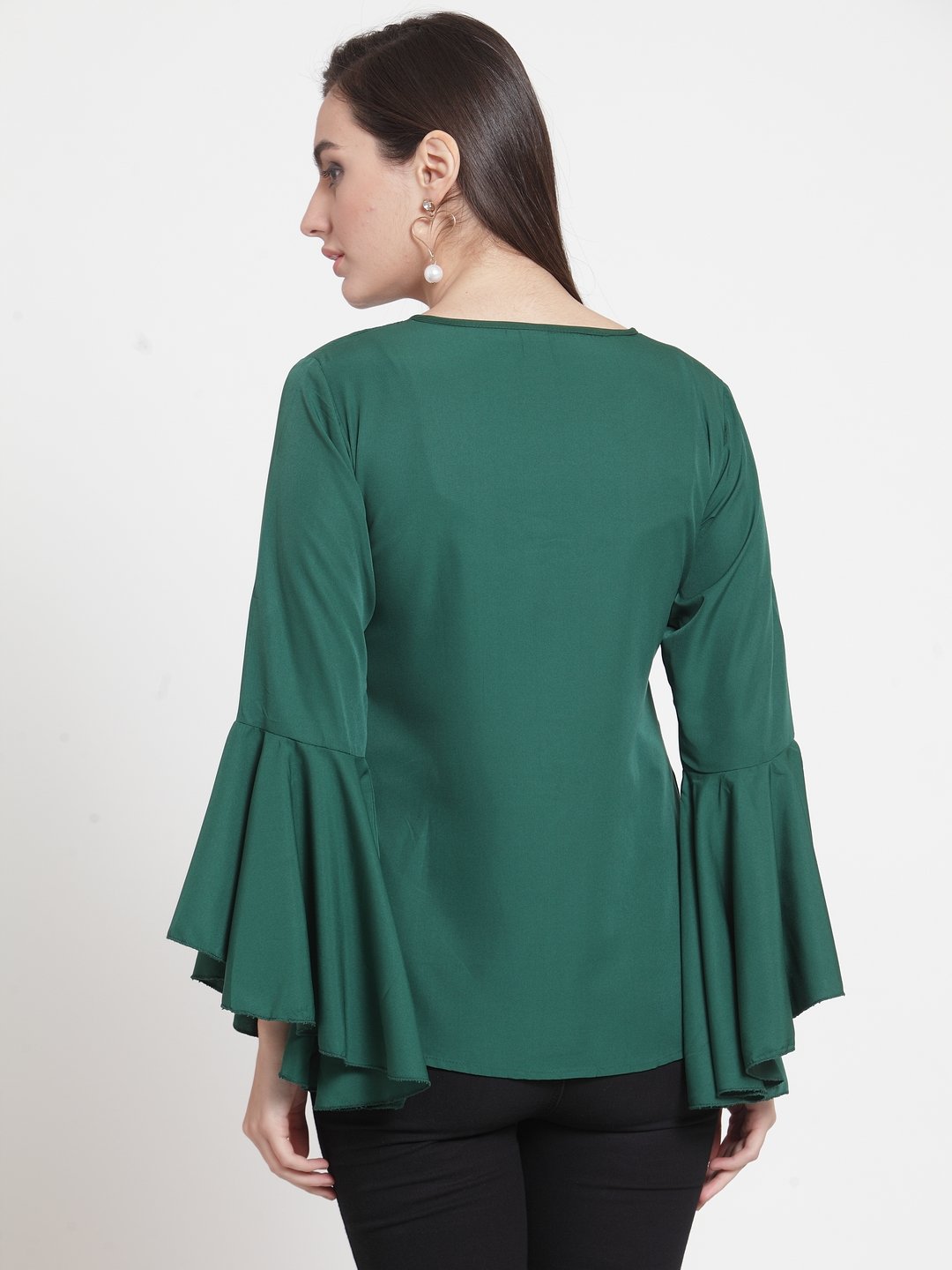 ZARVEY Casual Bell Sleeve Solid Women Dark Green Top