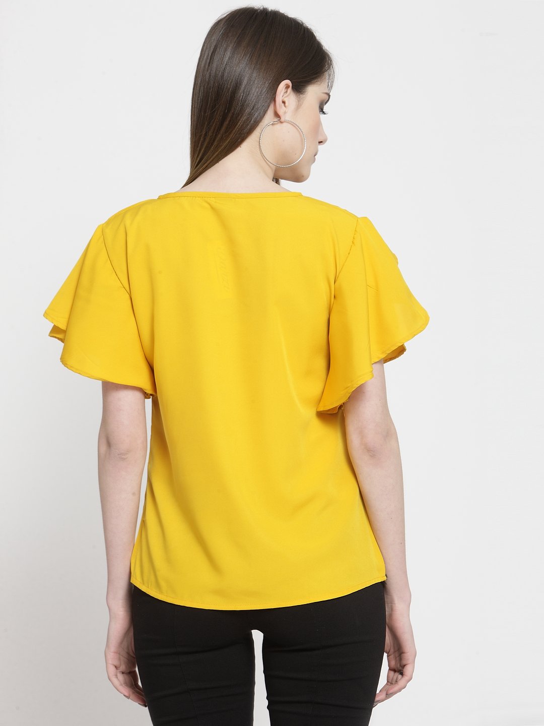 ZARVEY Casual Petal Sleeve Solid Women Yellow Top