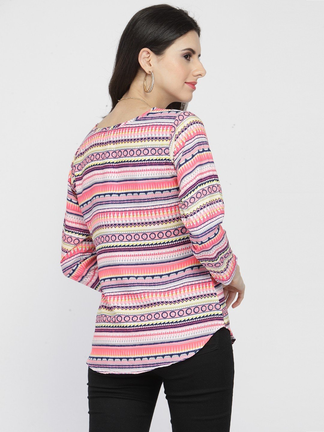 ZARVEY Casual Slit Sleeve Printed, Geometric Print Women Pink Top