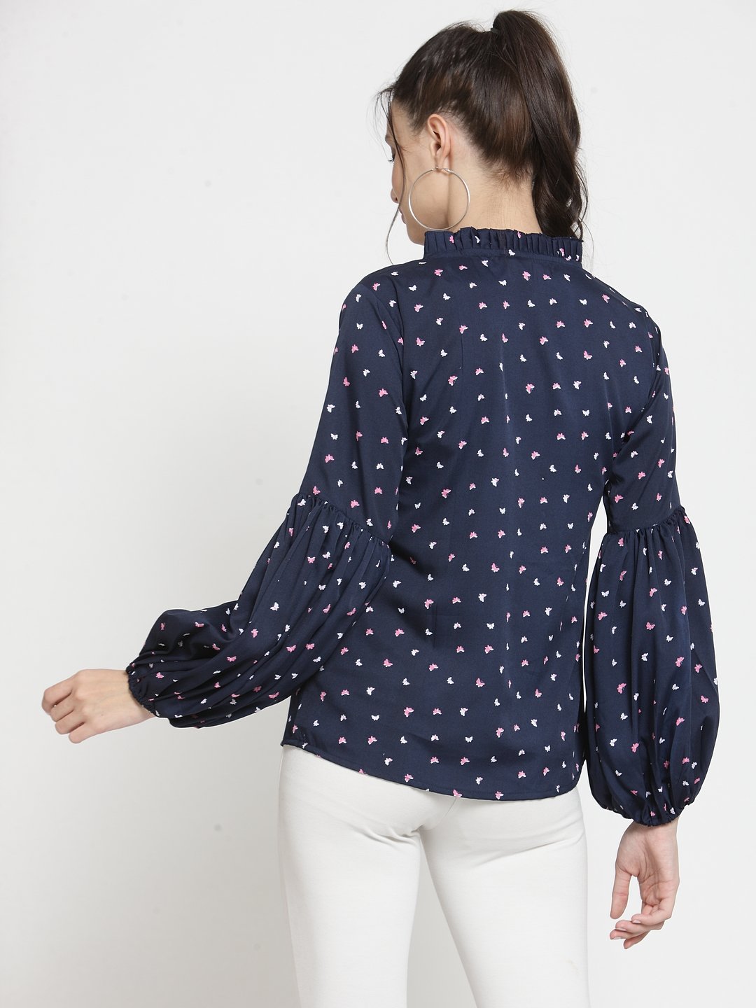 ZARVEY Casual Puff Sleeve Printed Women Blue Top