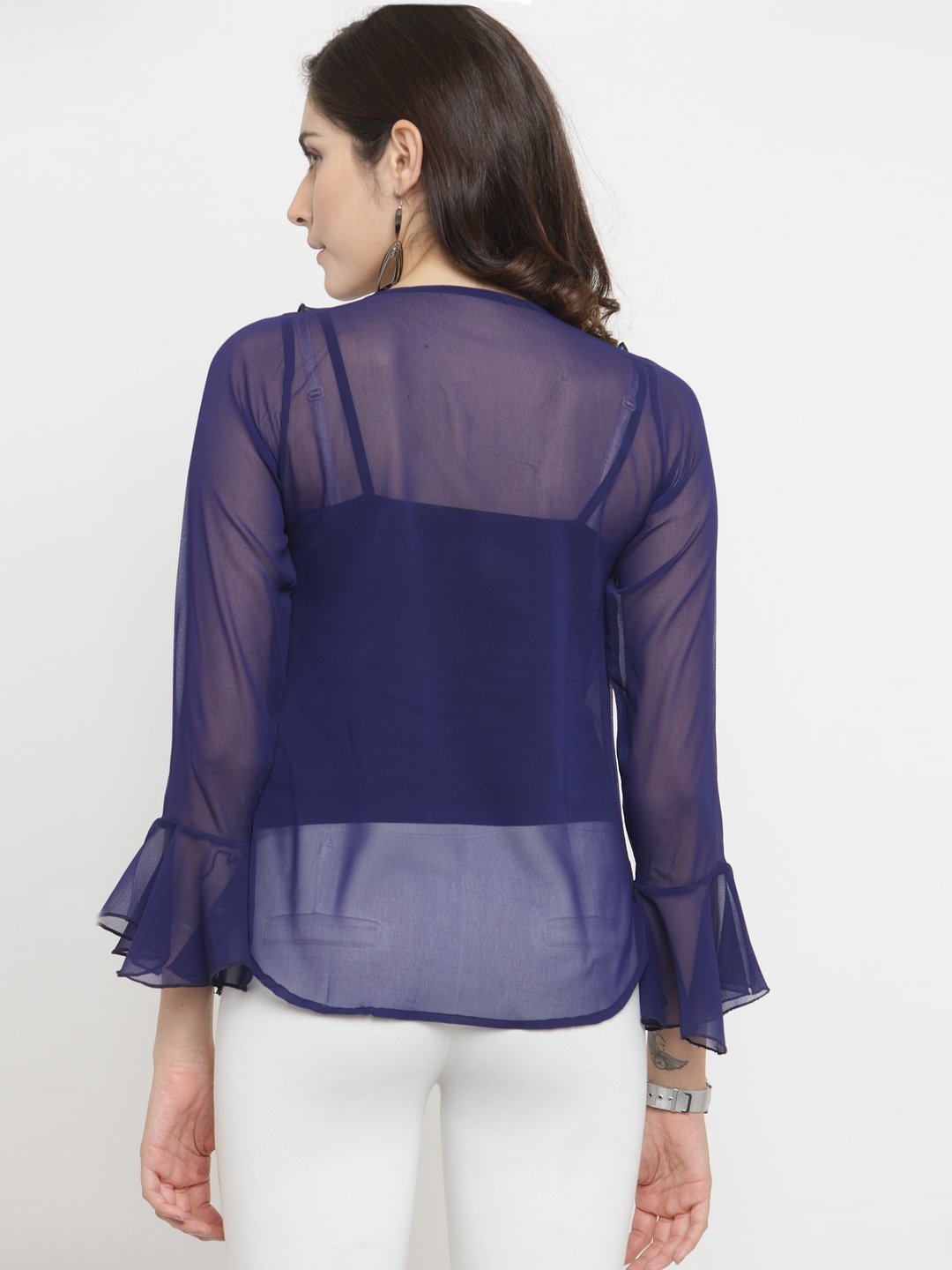 ZARVEY Casual Bell Sleeve Solid Women Blue Top