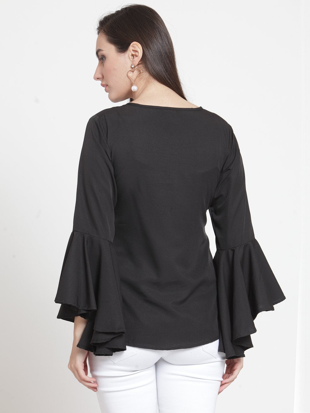 ZARVEY Casual Bell Sleeve Solid Women Black Top