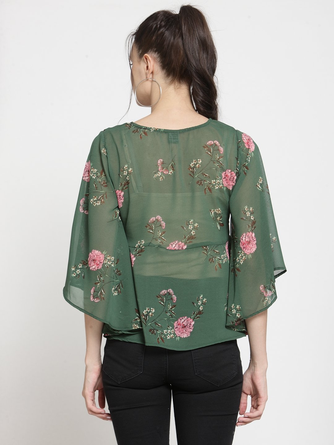 ZARVEY Casual Flared Sleeve Printed Women Dark Green, Pink Top