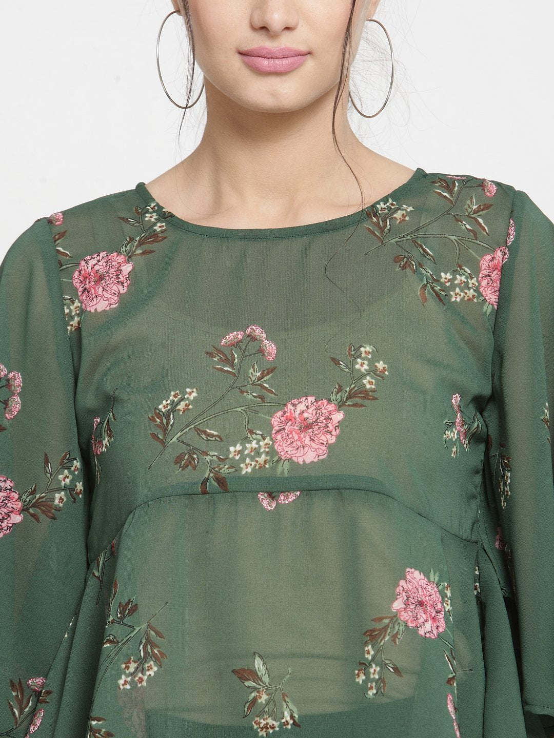 ZARVEY Casual Flared Sleeve Printed Women Dark Green, Pink Top