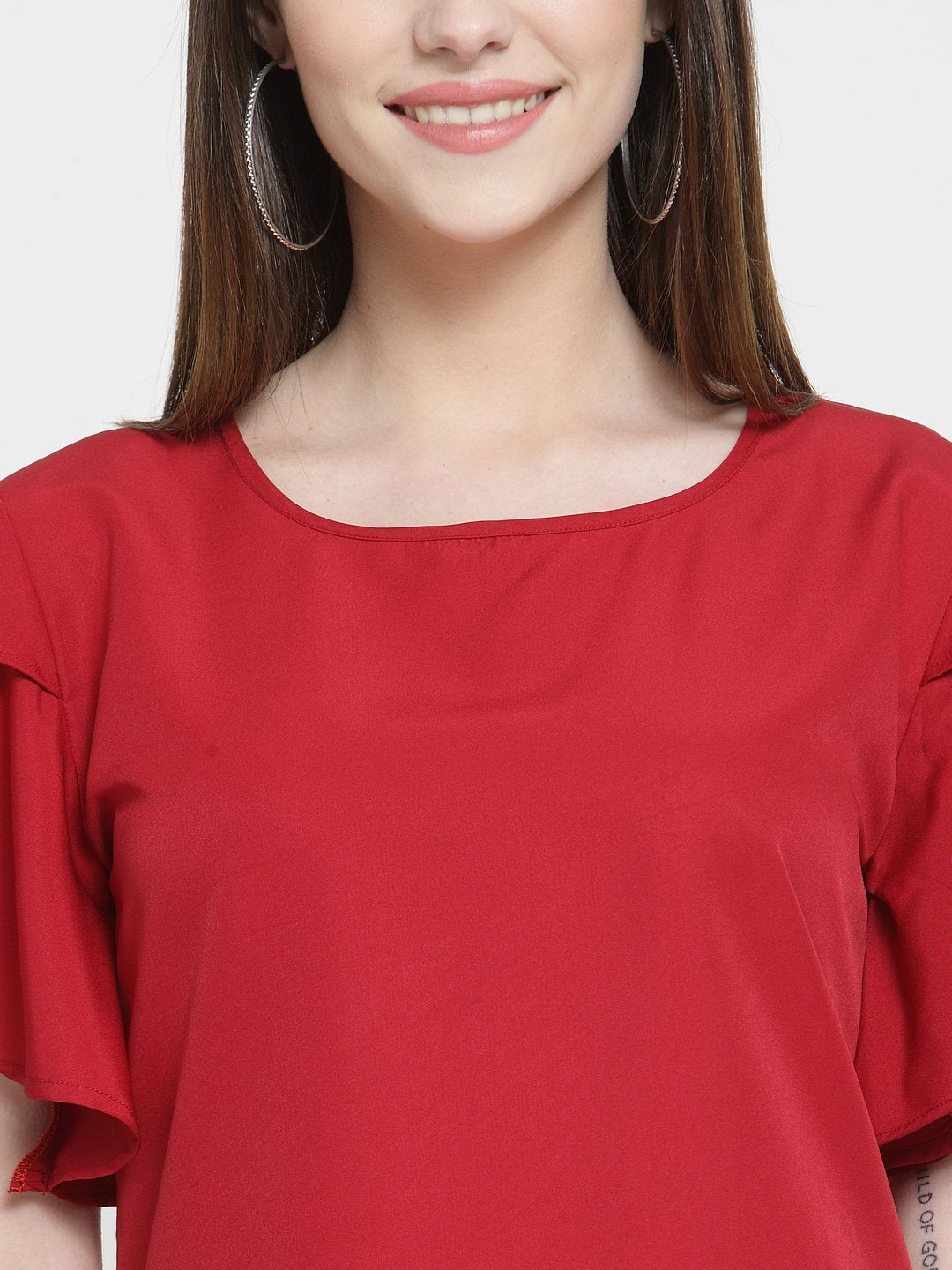 ZARVEY Casual Petal Sleeve Solid Women Maroon Top