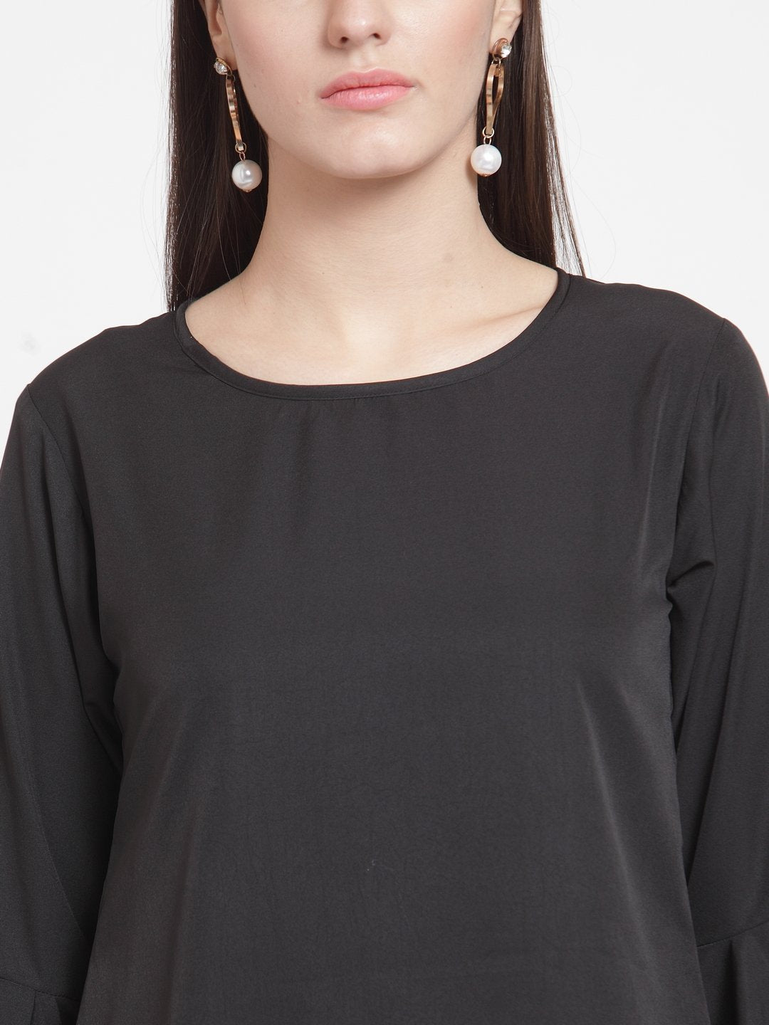 ZARVEY Casual Bell Sleeve Solid Women Black Top