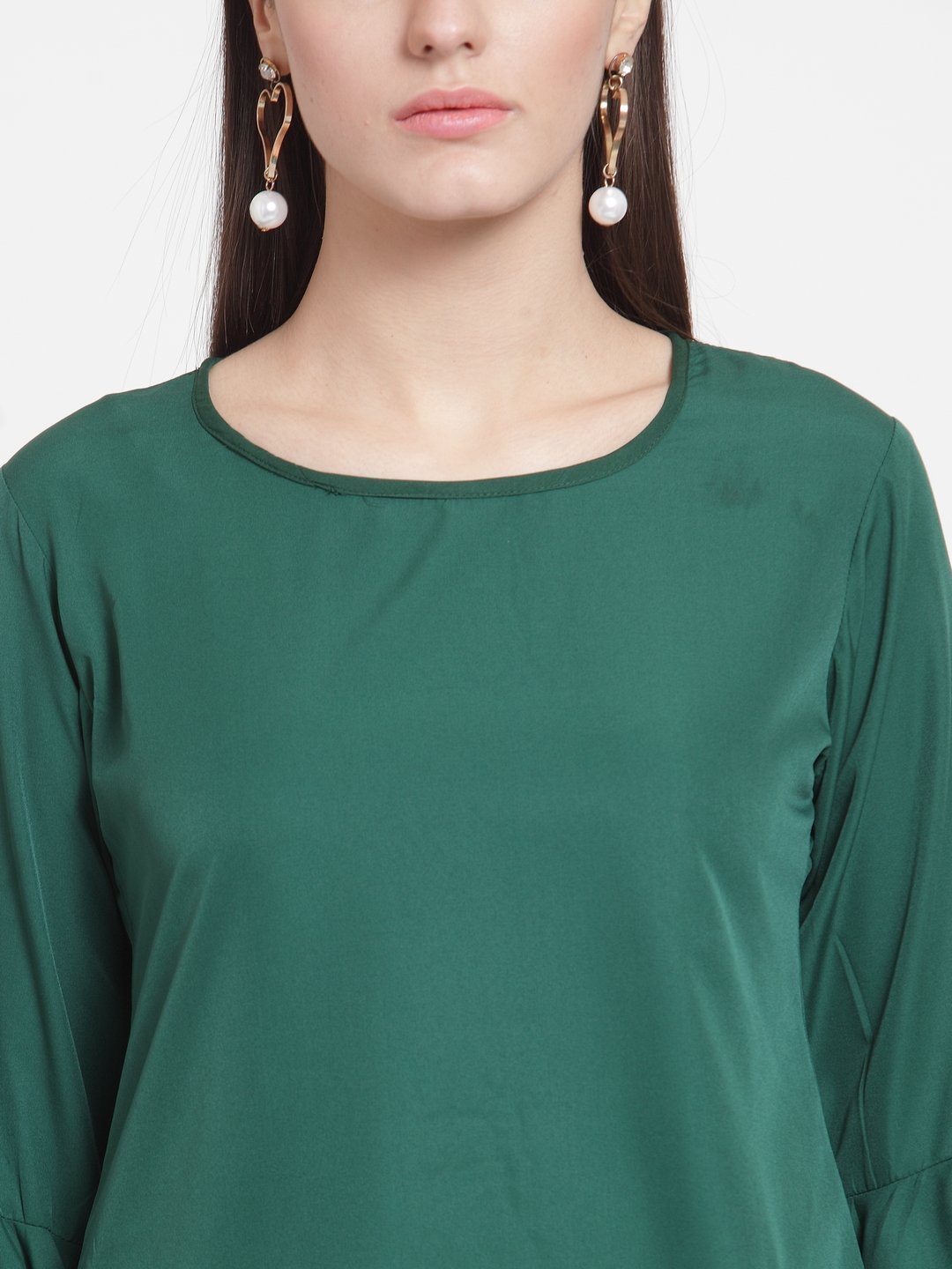 ZARVEY Casual Bell Sleeve Solid Women Dark Green Top