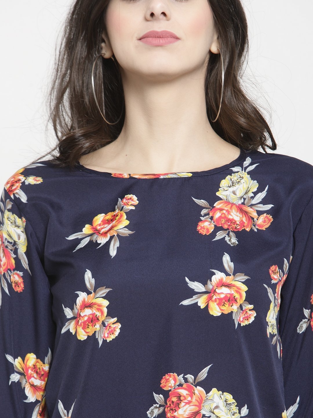 ZARVEY Casual Bell Sleeve Printed Women Dark Blue Top