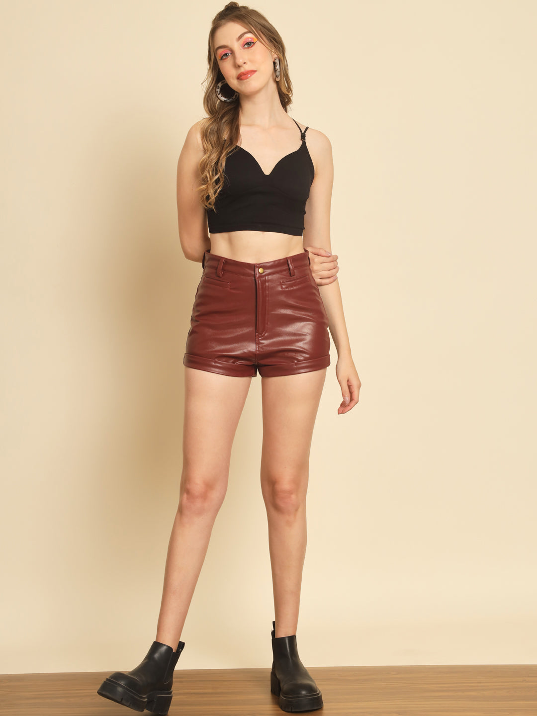 TANDUL  Solid Women Maroon High Waist Shorts