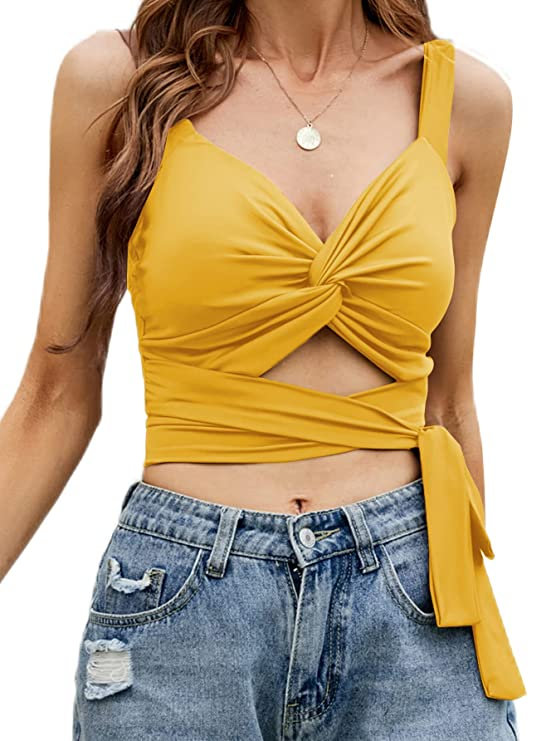 TANDUL  Casual Sleeveless Solid Women Yellow Top