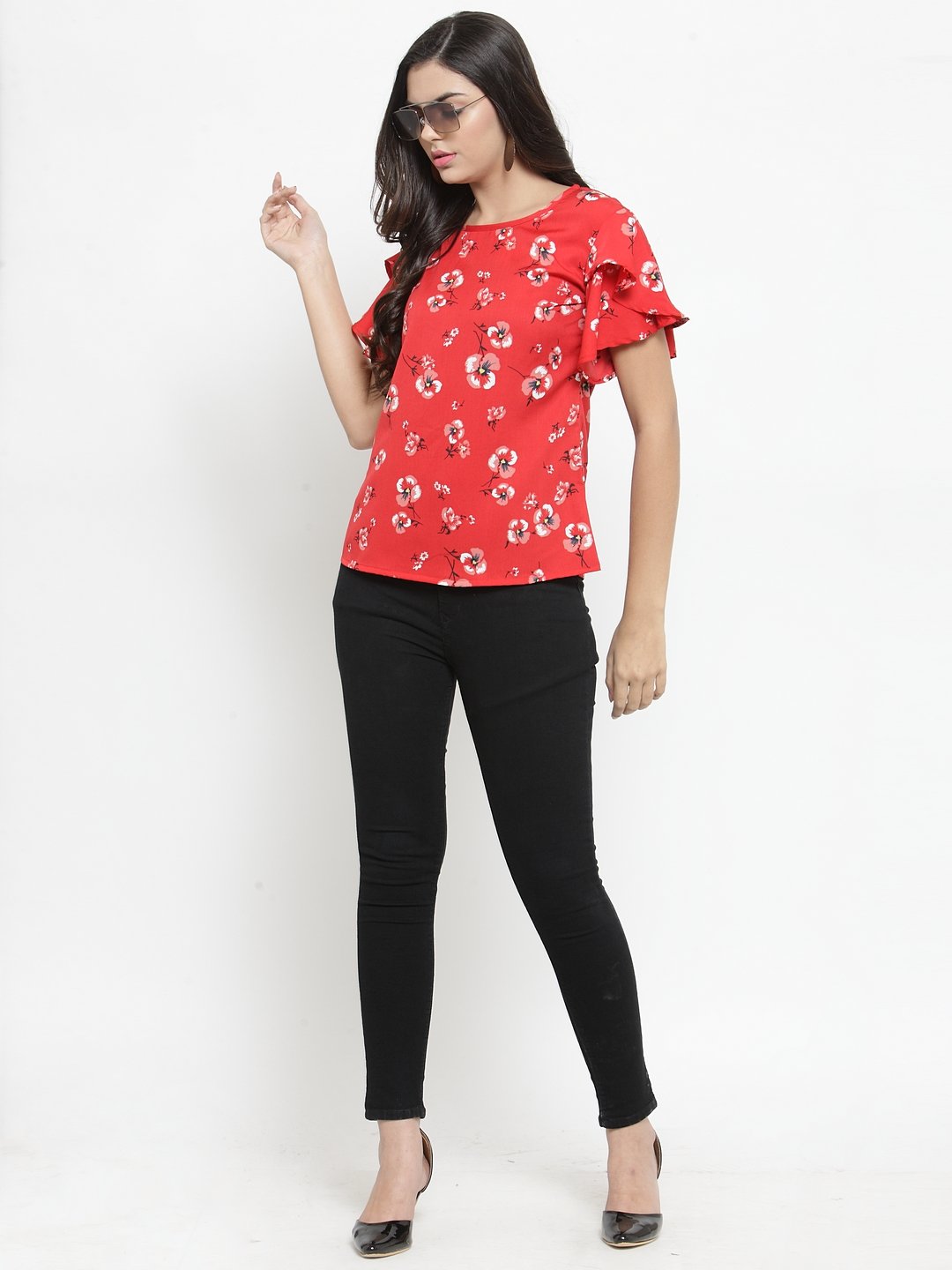 ZARVEY Casual Flared Sleeve Printed Women Red Top