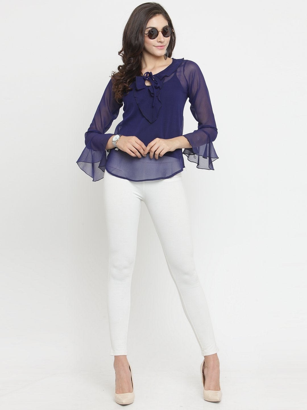 ZARVEY Casual Bell Sleeve Solid Women Blue Top