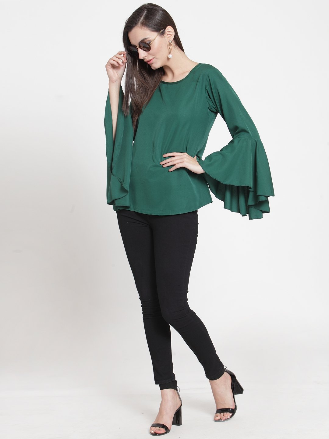 ZARVEY Casual Bell Sleeve Solid Women Dark Green Top