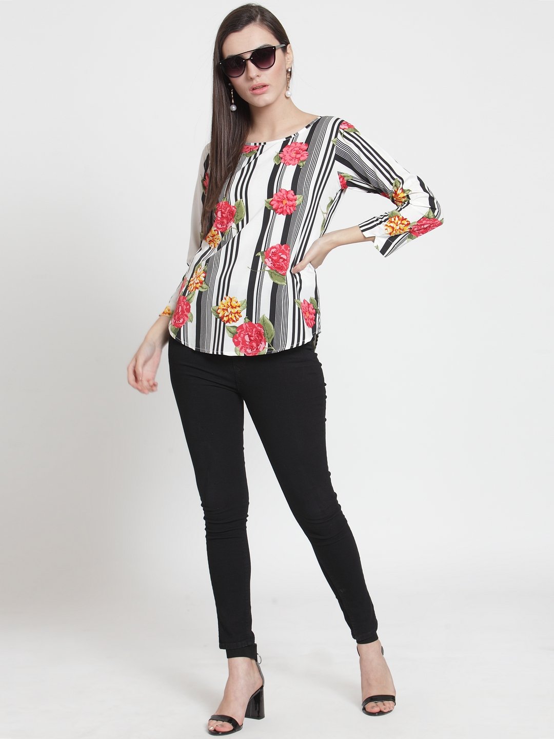 ZARVEY Casual 3/4 Sleeve Printed Women Multicolor Top