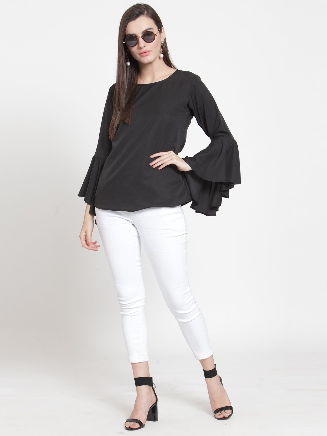 ZARVEY Casual Bell Sleeve Solid Women Black Top