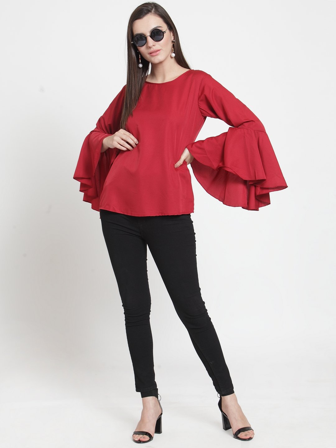 ZARVEY Casual Bell Sleeve Solid Women Maroon Top