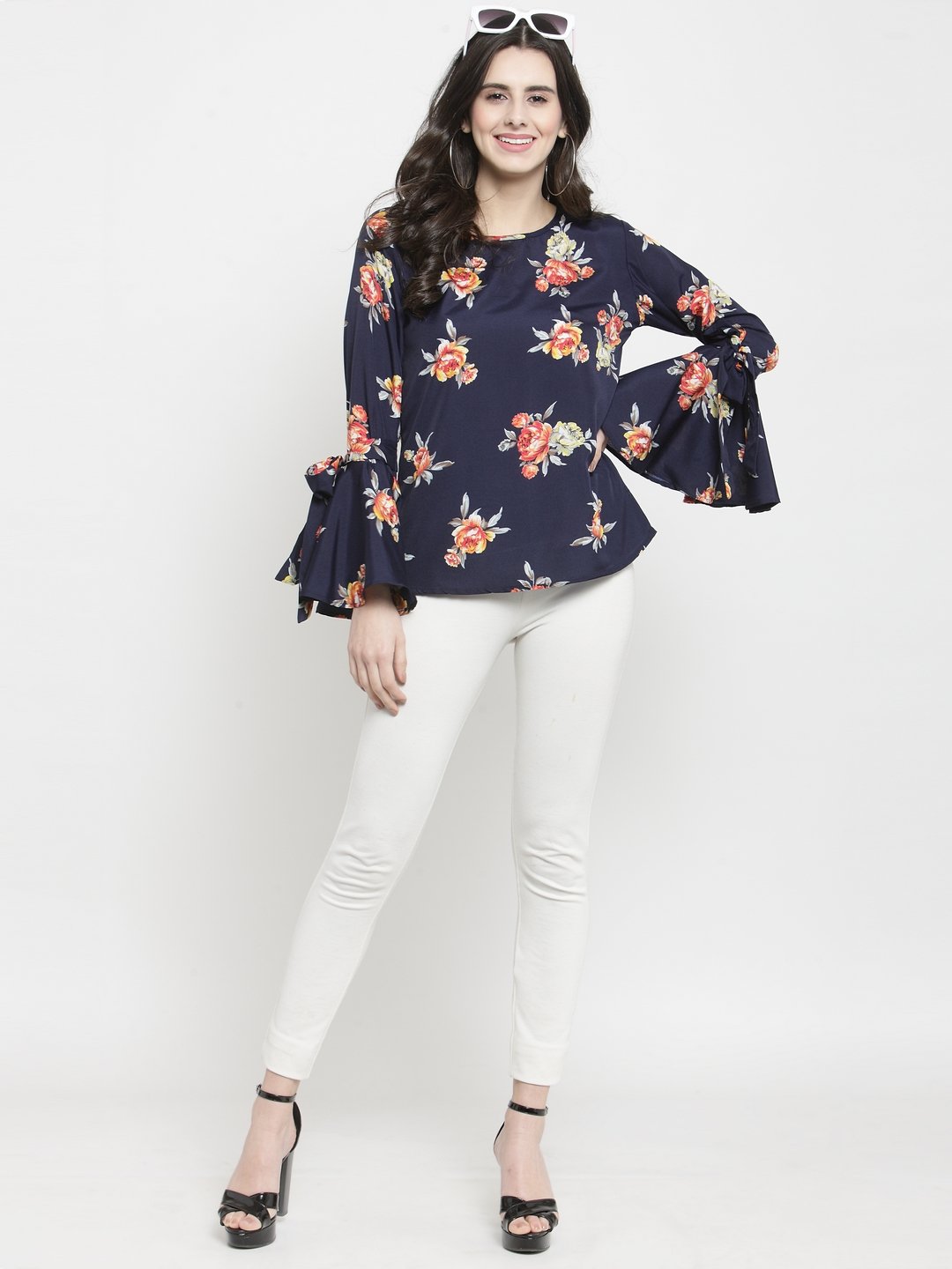 ZARVEY Casual Bell Sleeve Printed Women Dark Blue Top