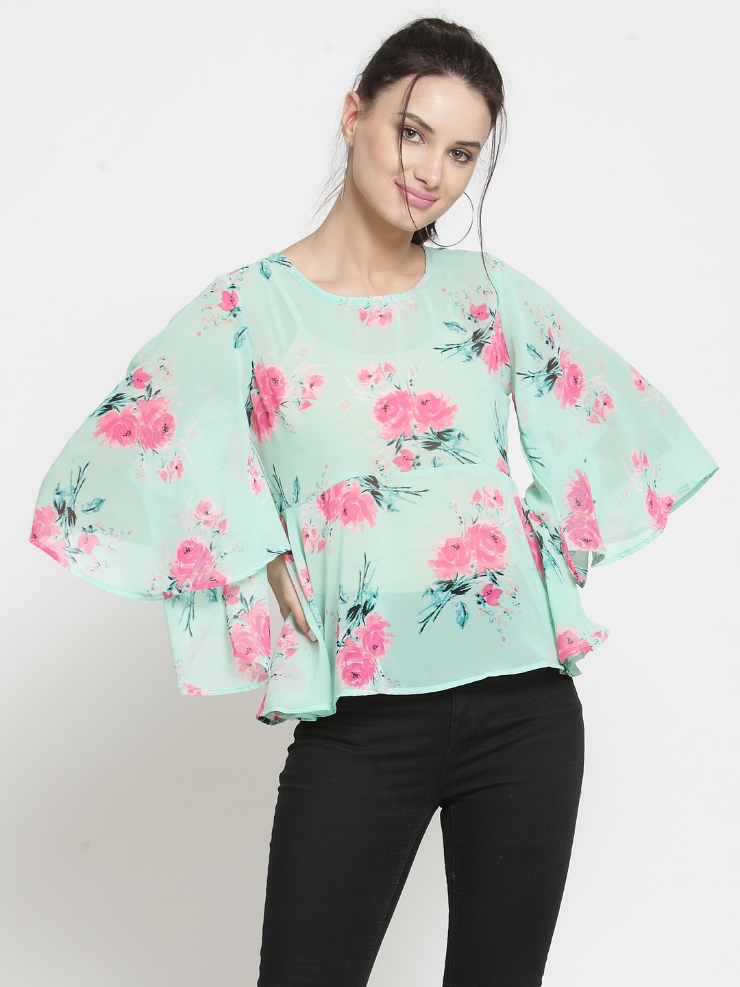 ZARVEY Casual Flared Sleeve Printed Women Multicolor Top