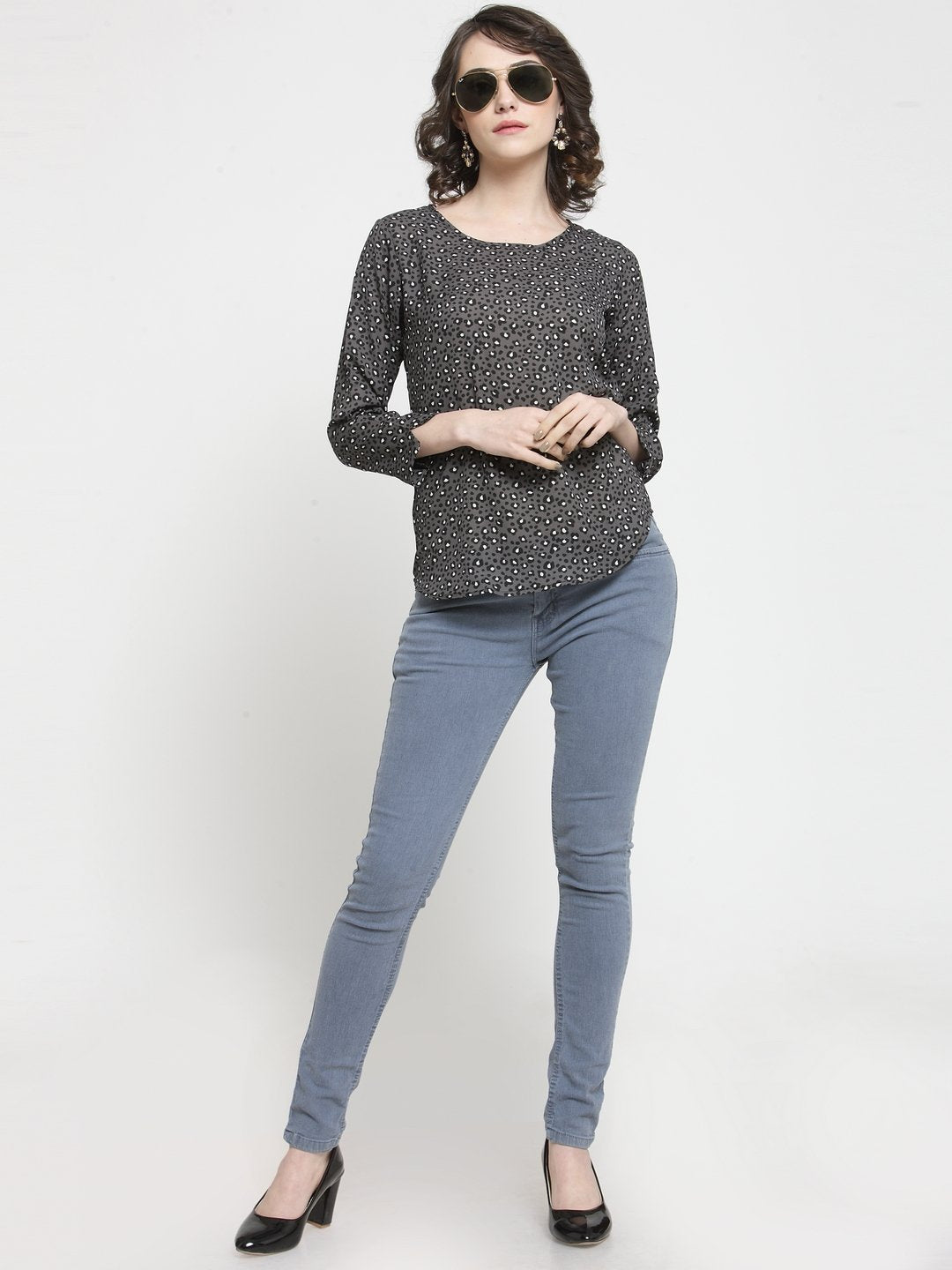 ZARVEY Casual Regular Sleeve Printed Women Grey Top