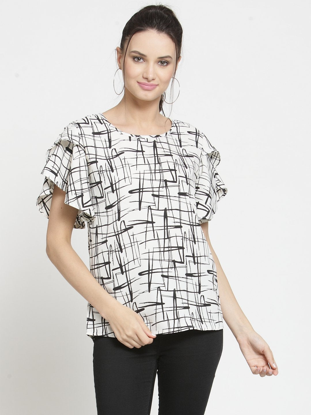 ZARVEY Casual Ruffled Sleeve Printed Women Multicolor Top