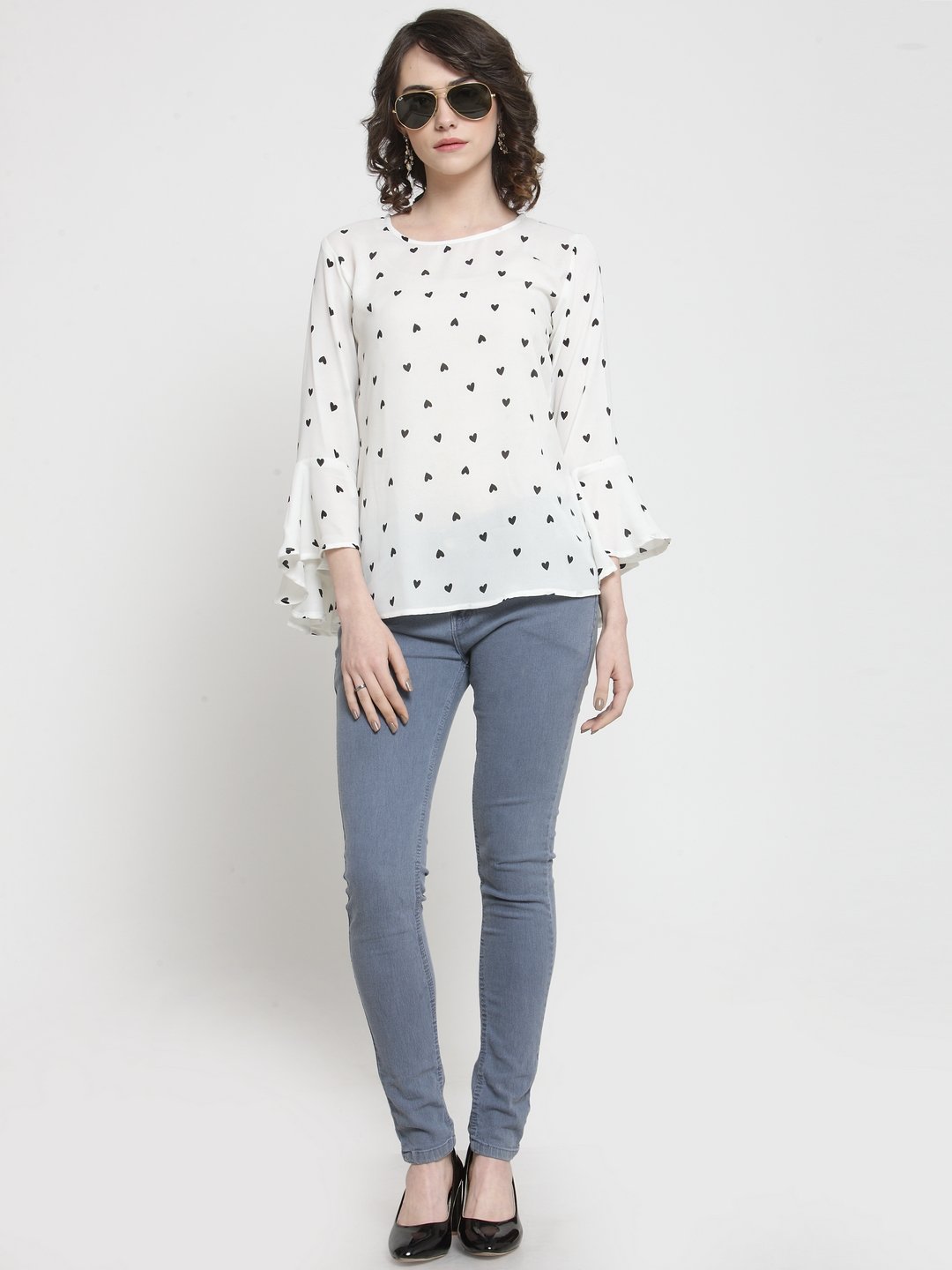 ZARVEY Casual Bell Sleeve Printed Women White Top