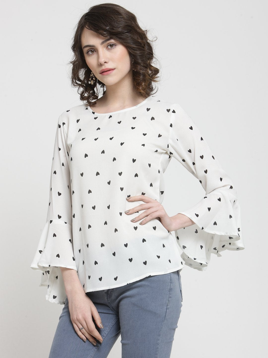 ZARVEY Casual Bell Sleeve Printed Women White Top