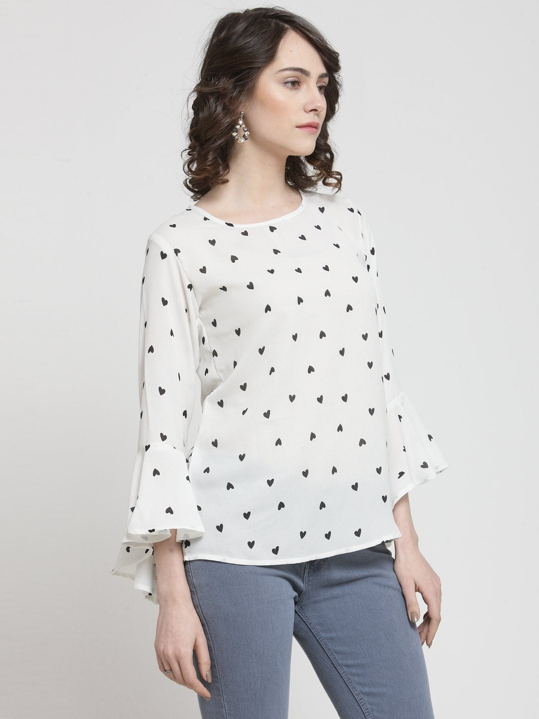 ZARVEY Casual Bell Sleeve Printed Women White Top